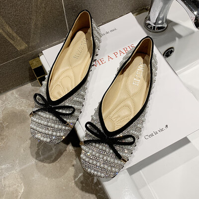 

Korean version of Joker shoes womens summer fashion square rhinestone pearl pouring shoes bow flat grandma shoes