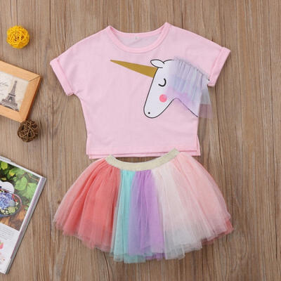 

Kids Baby Girl Cartoon Unicorn Top T-shirt Lace Tutu Skirt Outfit Clothes Summer