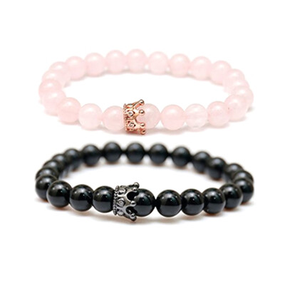 

Black pink Stone Beads with Gold Silver Color Alloy Crown Bracelet For Women Men Couple Bangles Jewelry