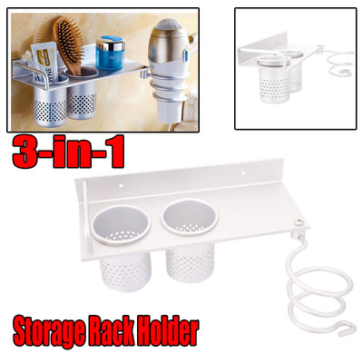 

3-in-1 Hair Dryer Holder Wall Mount Hanging Rack Organizer Hook Bathroom Bracket