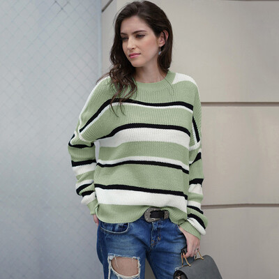 

〖Follure〗Women Pullover Knitted Patchwork Stripe Long Sleeve O-Neck Sweater Top