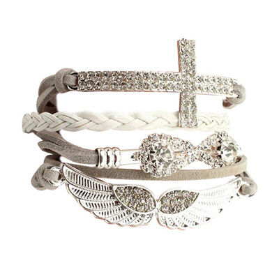 

Fashion Jewelry Accessories Elegant Friendship Crystal Cross Infinity Wings PU Leather Charm Bracelet Bangle for Women