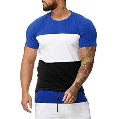 

Toponeto Mens Splicing Striped Pattern Casual Fashion Lapel Short Sleeve Shirt