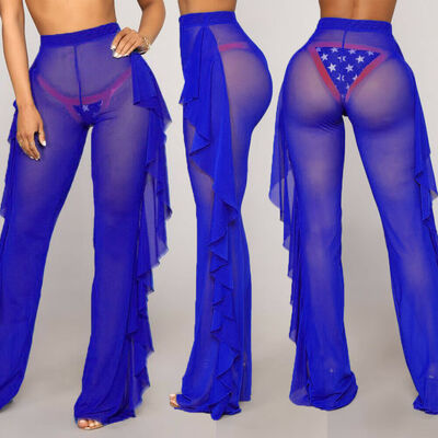

Fashion Womens See Through Sheer Mesh Ruffle Swimsuits Beach Cover up Pants