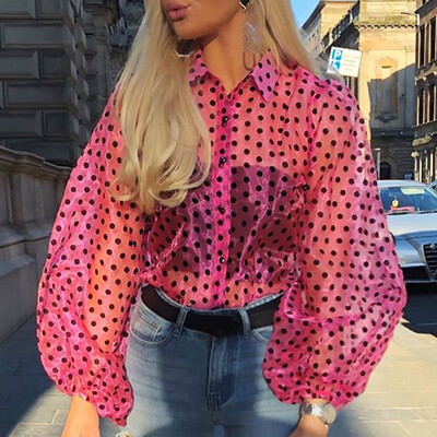 

Hot Women See-through Sheer Mesh Dot Blouse Puff Long Sleeve T-shirt Tops Shirts