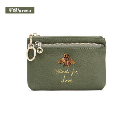 

First layer cowhide European&American bee ladies zipper leather purse leather key ring bag mini coin bag