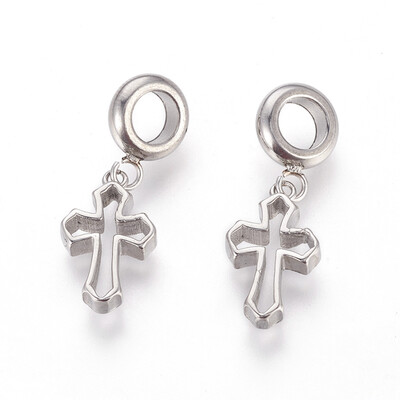 

304 Stainless Steel European Dangle Beads Large Hole Pendants Cross Stainless Steel Color 28mm