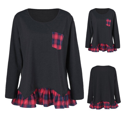 

Roseonmyhand Women Plus Size O-Neck Long Sleeve Plaid Ruffles Flounced Patchwork Pocket Tee