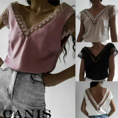 

Womens Ladies Summer V Neck Hollow Lace Shirt Loose Casual Blouse Tops T-Shirt