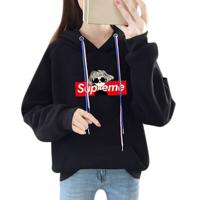 

Women Simple New Autumn Warm Hoodies Long Sleeve Cute Print Plus Velvet Loose Hooded Sweatshirts