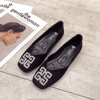 

Female summer flat-bottomed fairy wind with diamond square head shoes Korean version of soft bottom shallow mouth boat shoes late