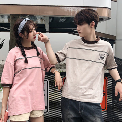 

Couple Cotton Turn-down Collar Striped & Letter Print Short Sleeve Loose Polo Shirt