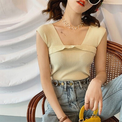 

Womens Sexy Solid Sleeveless Knitted Ruffles Tank Top
