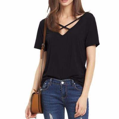 

Solid Color Women Summer T-Shirt V-Neck Strap Cross Bandage Loose Tank Tops