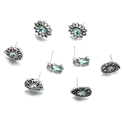 

Punk Vintage Style Pack Set Mixed Stud Earrings For Women Carved Flower Blue Resin Stone Ear Jewelry