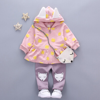 

Toddler Baby Girls Long Sleeves Print Hooded Coat Tops Solid Fox Pants Bag Sets