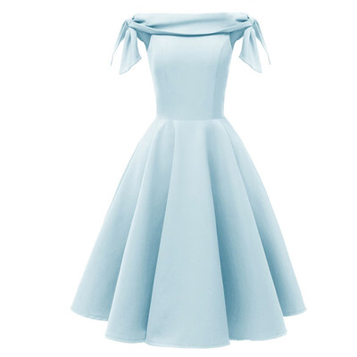 

Lace up Off shoulder Party Dress Women Clothes Vintage Evening Short Sleeve Midi A-Line Solid Slash Neck Dress
