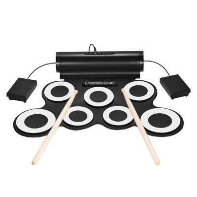 

Portable Digital Stereo Electronic Drum Set 7 Silicon Pads USB Powered Built-in Speaker with Drumsticks Foot Pedals 35mm Audio Ca