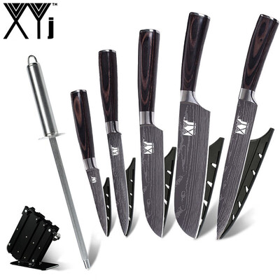

XYj Knife HolderKnife Sharpener Bar Stainless Steel Kitchen Knives Gift Covers 5 PCS Damascus Veins Kitchen Knife