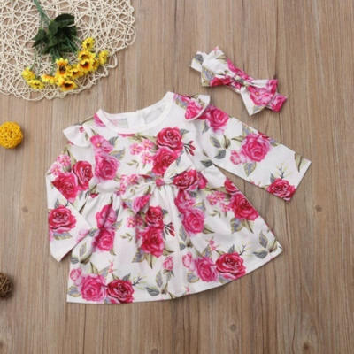 

New Toddler Baby Girls Dress Long Sleeve Party Flower Dresses With Headbands
