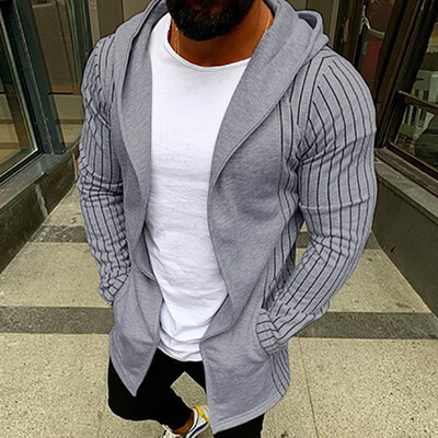 

Gobestart Men Stripe Splicing Hooded Solid Trench Cardigan Long Sleeve Outwear Blouse