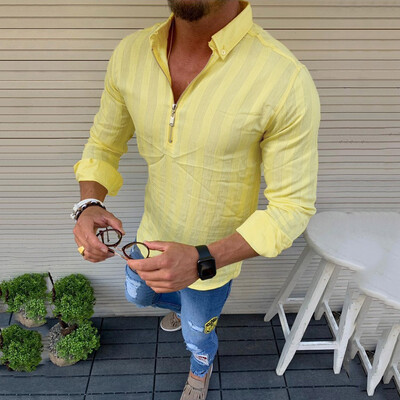 

Toponeto Men Striped Long Sleeve Zipper Shirts Male Casual Business Fit Blouse Slim Top