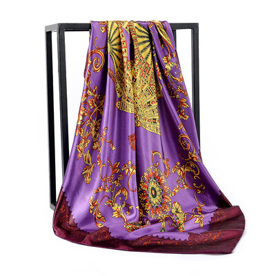 

Chinese style ethnic style satin printing fan square scarf ladies sunscreen shawl silk scarves manufacturers wholesale