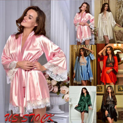 

Women Satin Silk Lace Robe Dress Sleepwear Lingerie Nightdress Nightgown Chemise