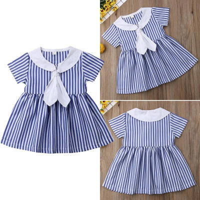 

Toddler Kids Baby Girls Short Sleeve Striped Tie Sundress Princess Dress Outfits