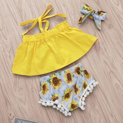 

3PCS Newborn Baby Girl Summer Set Clothes Tops Sunflower Shorts Pants Outfits