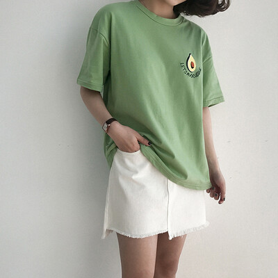 

Fashion Embroidered Avocado Loose Short Sleeve T-Shirt  Female Casual Fresh Chic Style T-Shirt