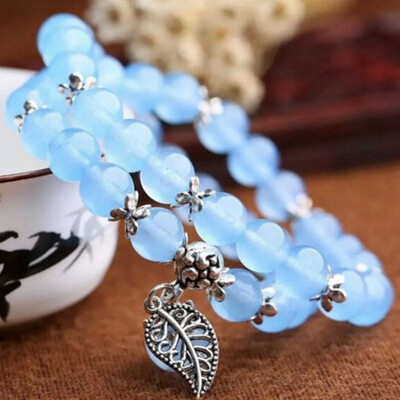 

Natural Chalcedony Multilayer Crystal Beaded Tibetan Silver Leaf Pendant Bracelet Women Fashion Exquisite Gift