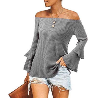 

Tailored Women Autumn Knitted Flare Sleeve Off Shoulder Shirt Temperament Blouse Tops