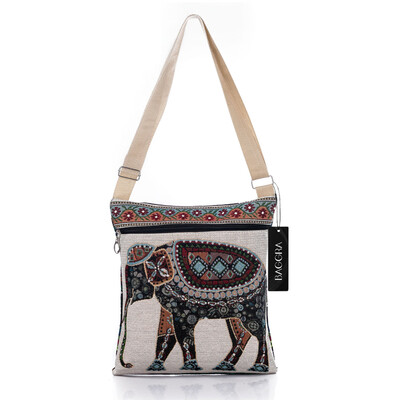 

Retro Women Canvas Crossbody Bag Embroidered Elephant Print Zipper Shopping Travel Shoulder Bag