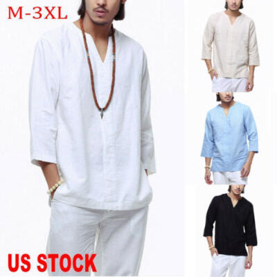 

Summer Men Cotton Linen Pullover Tops Tee 34 Sleeve V Neck Casual Loose T Shirt