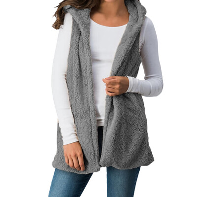 

Nomeni Women Lady Faux Fur Solid Hooded Outwear Sleeveless Pockets Warm Vest Waistcoat