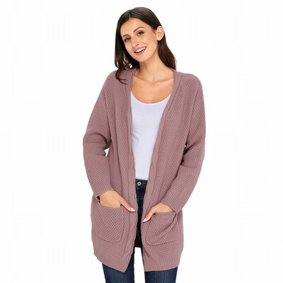 

Cardigan long-sleeved side pocket ribbed knit casual long sweater