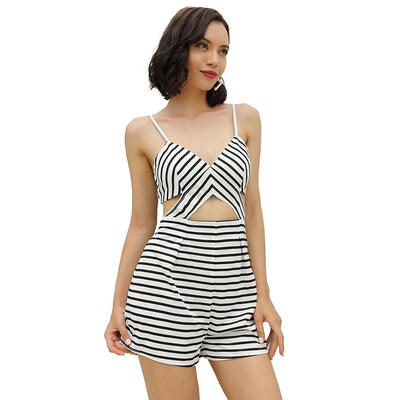 

Sexy Sling Deep V Neck Sleeveless Jumpsuit Women Stripes Backless Playsuits