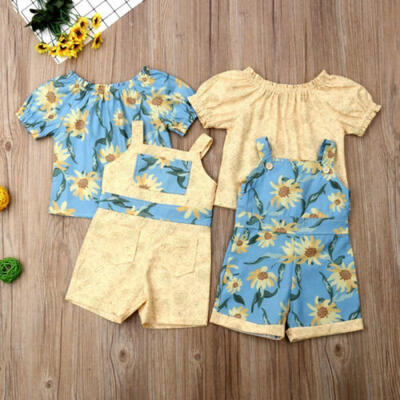 

US Kids Baby Girl Clothes Sunflower Short Sleeve TopsBib Shorts Outfit Sunsuit