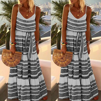 

Women Summer Boho Loose Beach Party Off-the-shoulder Long Maxi Dress Kaftan Print Full Length Shirt Dress Sundress Plus Size
