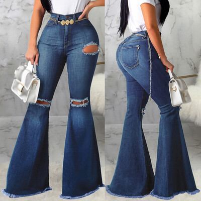 

Gobestart Womens Hole Button Zipper Pocket Jeans Casual Denim Flares Wide Leg Slim Pants