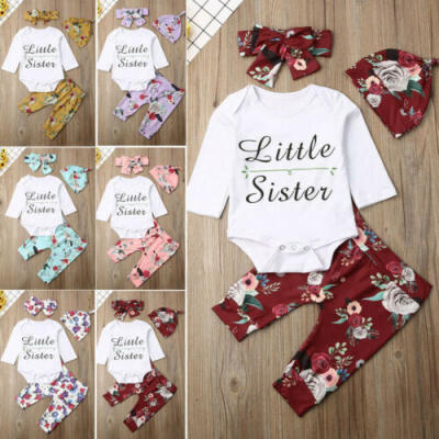 

4PCS Newborn Baby Girl Kid Tops Romper Floral Pants Headband Outfits Set Clothes