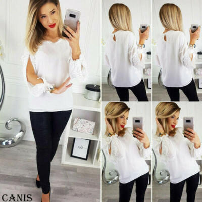 

Womens Chiffon Cold Shoulder Sleeve Loose Blouse Summer Casual Lace T-Shirt Tops