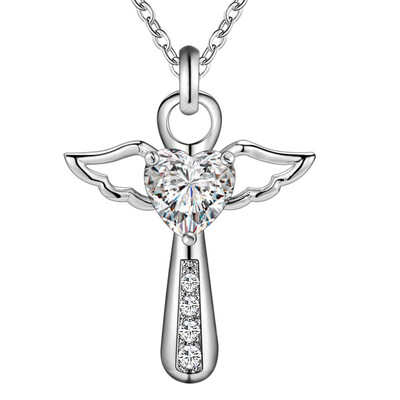 

Eye-catching Jesus Cross Love Angel Heart Wing Silver Plated Pendant Necklace