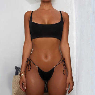 

Women Two Pieces Swimsuit Strings Strappy Waist Bikini Set Bathing Swimwear