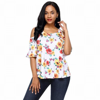 

V-neck short-sleeved floral print knit chic straight T-shirt top