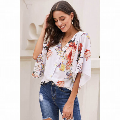 

Vintage printed shirt Womens V-neck short-sleeved loose shirt