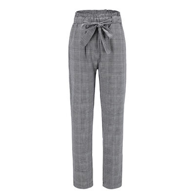 

Elegant Plaid Print Pencil Pants Women Casual Autumn Winter Women Trousers High Elastic Waist Lace-up Belt Warm Pant Female