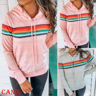 

Plus Size Women Hoodie Hooded Coat Rainbow Striped Sweatshirt Jumper Top Outwear