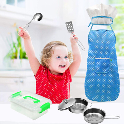 

8Pcs Pretend Cooking Apron Hat Stainless Steel Pot Set Kitchen Role Play Toy